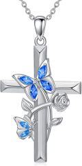wholesale 925 Sterling Silver Blue Crystal Butterfly & Rose Cross Pendant Necklace Gift for Mom Wife Grandmother-0-0