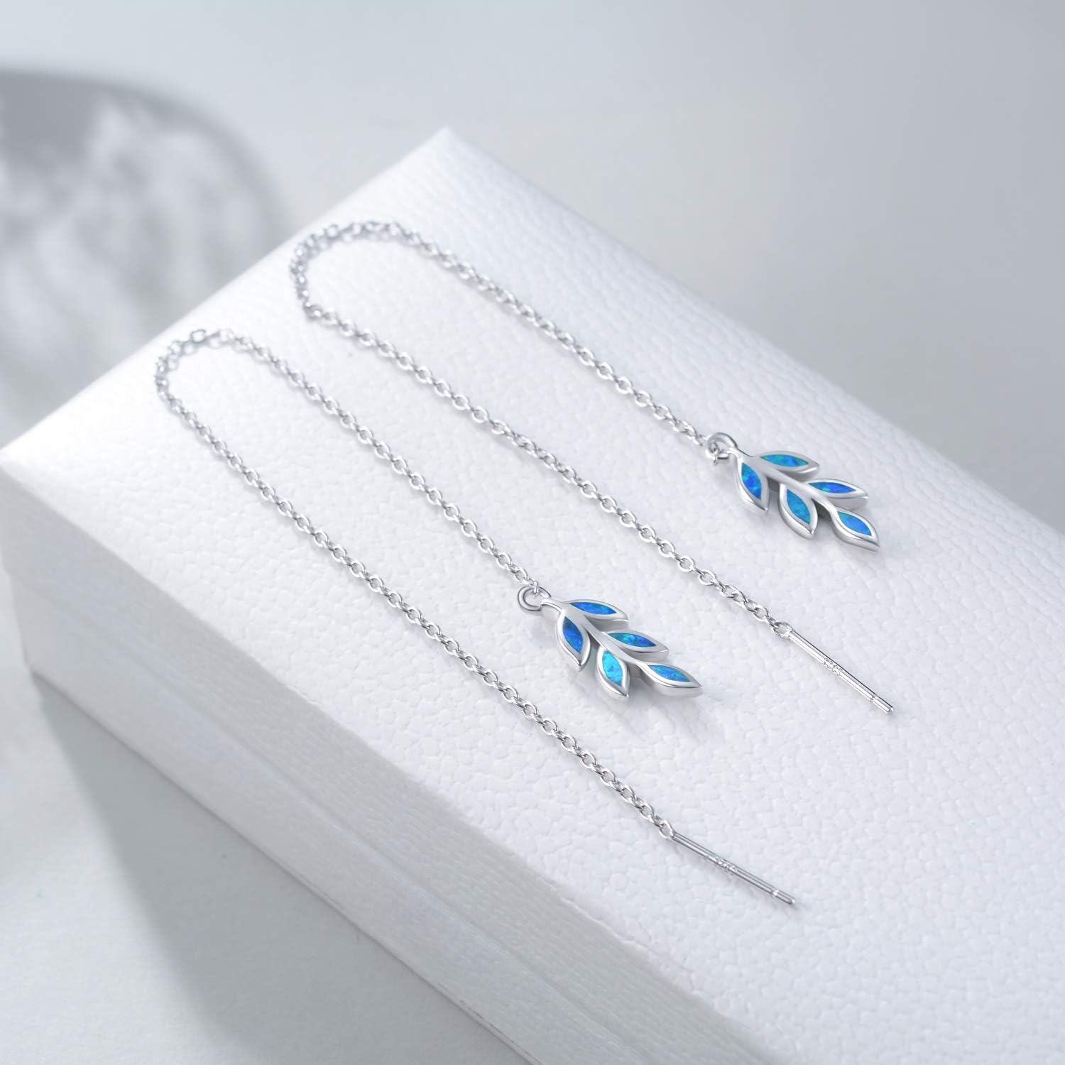 925 Sterling Silver Blue Opal Leaf Threader Drop Dangle Earrings for Women Girls Gift Jewelry Accessories 4cm Long Chain Minimalist Fashion Style Lightweight Hypoallergenic Safe Nickel Free Lead-Free Cadmium-Free-0-3