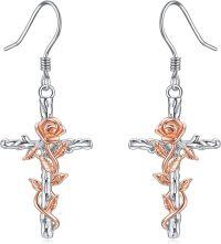 wholesale 925 Sterling Silver Rose Flower Cross Dangle Earrings s for Women-Silver rose cross earrings