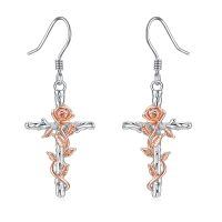 wholesale 925 Sterling Silver Rose Flower Cross Dangle Earrings s for Women-Silver rose cross earrings