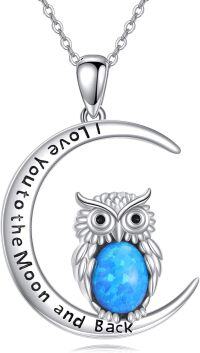 wholesale 925 Sterling Silver Blue Fire Opal Owl Crescent Moon Pendant Necklace-Owl