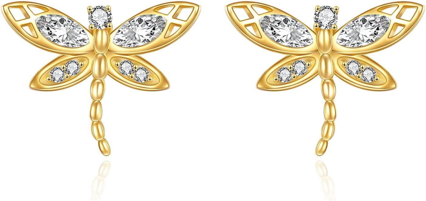 wholesale 14K Gold Diamond Dragonfly Stud Earrings Fashion Insect s for Girls and Women-0-0