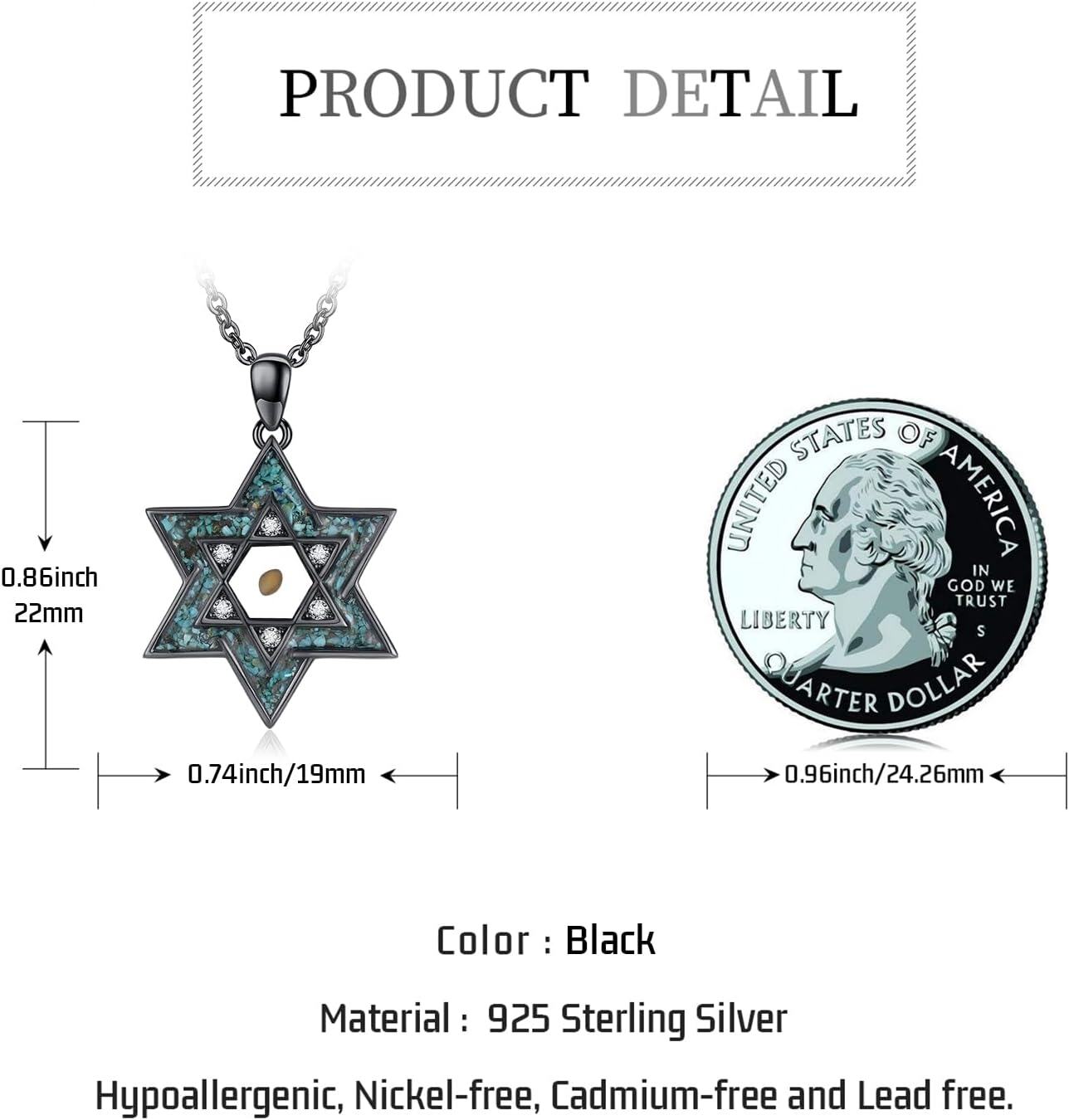 Sterling Silver Black Turquoise Star of David Pendant Necklace Jewish Jewelry Gifts for Women-0-4