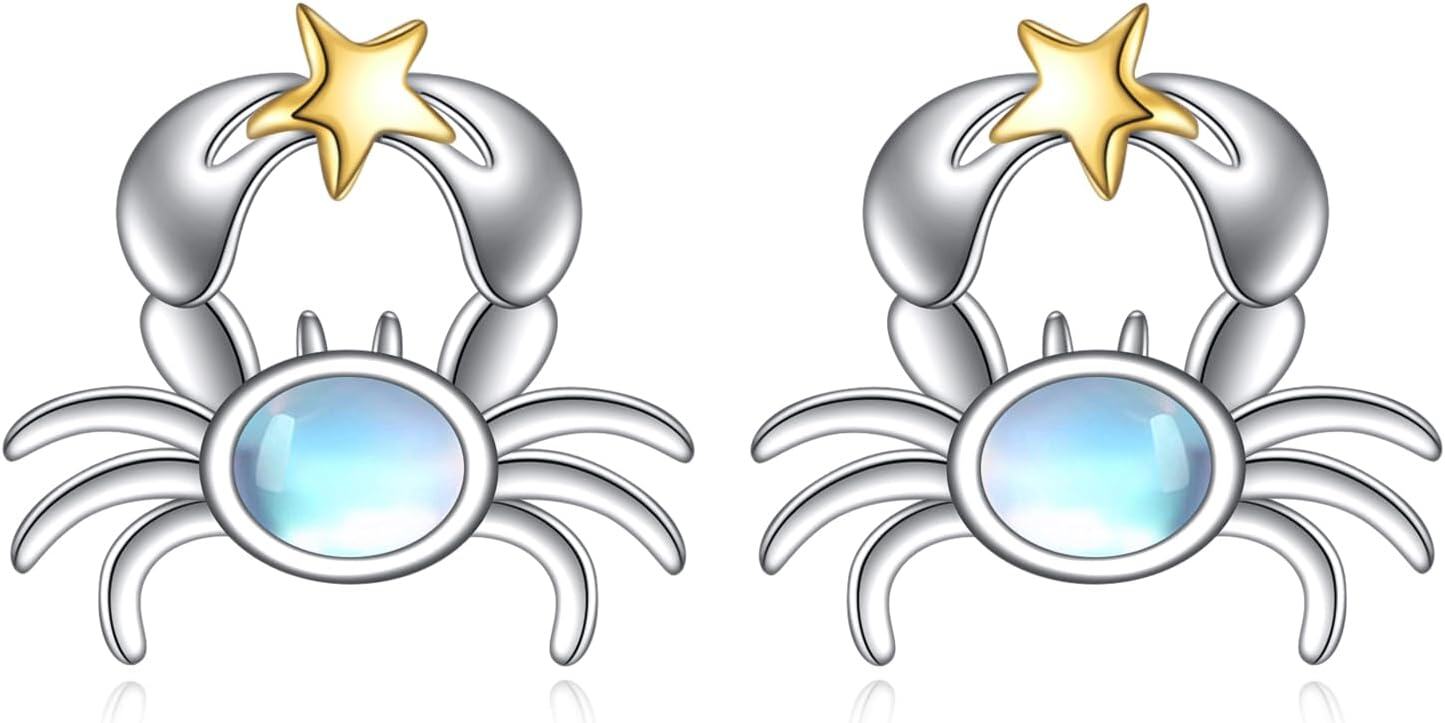 925 Sterling Silver Starfish Stud Earrings with Blue Stone and Gold Accents-0-0