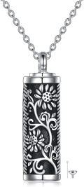 wholesale 925 Sterling Silver Black Enamel Floral Cylinder Keepsake Pendant with Chain and Funnel Set - 3D Flower Design Memorial Jewelry for Ashes (Women's)-0-0