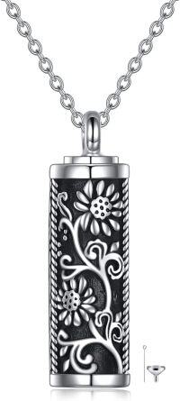 wholesale 925 Sterling Silver Black Enamel Floral Cylinder Keepsake Pendant with Chain and Funnel Set - 3D Flower Design Memorial Jewelry for Ashes (Women's)-Sunflower-silver