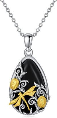 wholesale 925 Sterling Silver Black Onyx Pendant w/ Gold Dragonfly & Sunflowers - Unique s for Her-Dragonfly Onxy