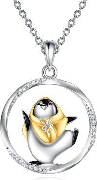 wholesale 925 Sterling Silver Penguin Charm Circle Pendant Necklace with Cubic Zirconia - Cute s for Women-Penguin