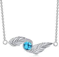 wholesale 925 Sterling Silver Feather Turquoise Pendant Necklace for Women Girls Mothers Day Gift-Feather
