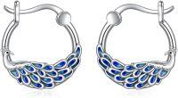wholesale 925 Sterling Silver Blue Enamel Peacock Feather Huggie Hoop Earrings  for Women and Girls-Peacock Earrings