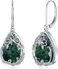 wholesale 925 Sterling Silver Green Moss Agate Teardrop Dangle Earrings with Floral Vine Design for Women Gift-0-0