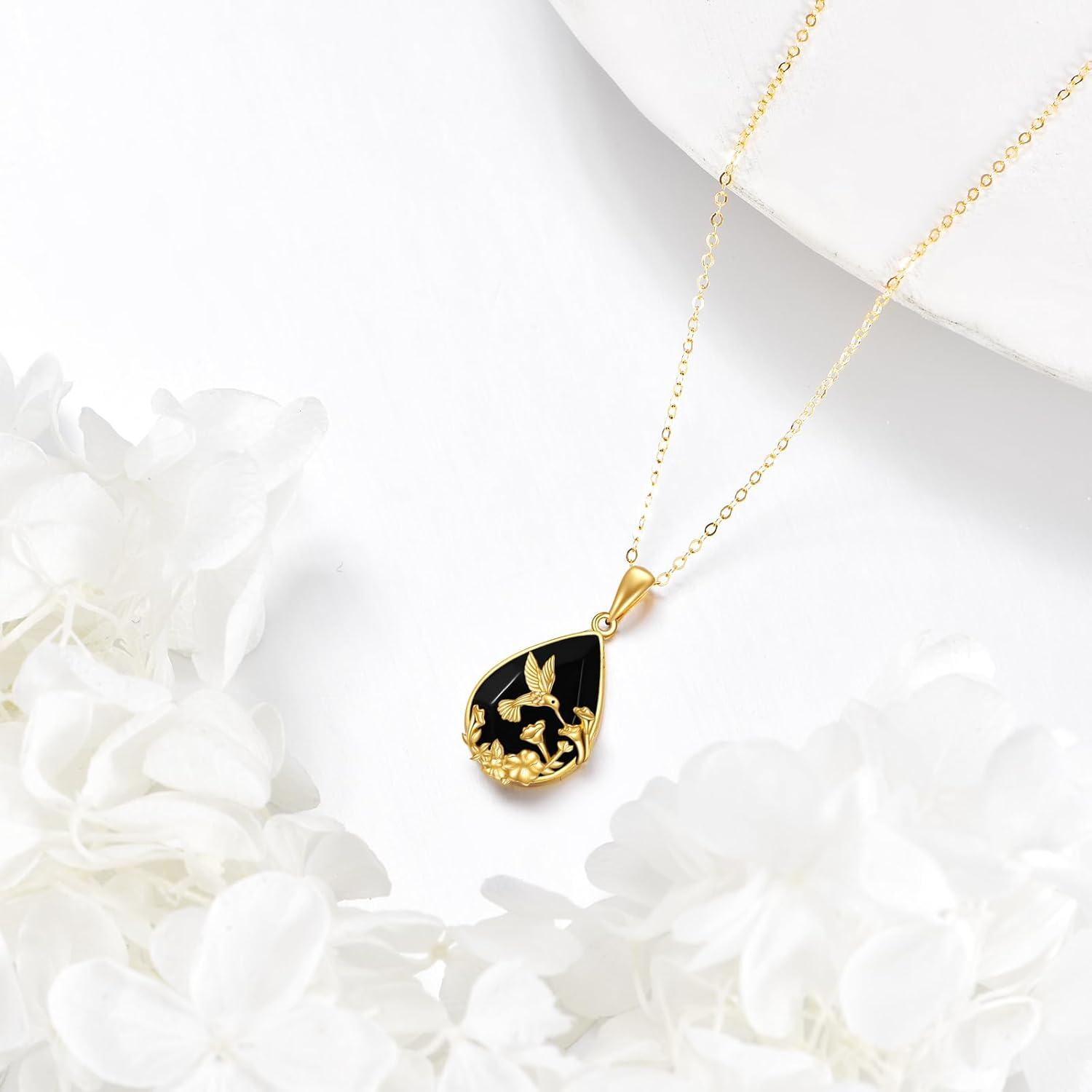  Solid Yellow Gold Black Crystal Necklace Vintage Pendant Gothic Jewelry -0-2