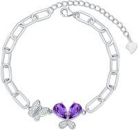 wholesale Sterling Silver Birthstone Butterfly Bracelet Paperclip Link Chain Type 2-Feb-Amethyst Purple