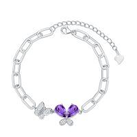 wholesale 925 Sterling Silver Pink Crystal Butterfly Paperclip Chain Bracelet Wholesale With Heart Charm-Feb-Amethyst Purple
