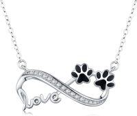 wholesale 925 Sterling Silver Infinity Love with Black Enamel Paw Prints Pendant Necklace for Women Girls  45cm Chain Length-Paw Print
