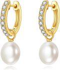wholesale 10K Gold 10K Gold Yellow Pearl Drop Hoop Earrings with Cubic Zirconia for Women - Christmas Gift Ideas-0-0