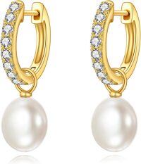 wholesale 10K Gold 10K Gold Yellow Pearl Drop Hoop Earrings with Cubic Zirconia for Women - Christmas Gift Ideas-Golden