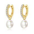 wholesale 10K Gold 10K Gold Yellow Pearl Drop Hoop Earrings with Cubic Zirconia for Women - Christmas Gift Ideas-0-0