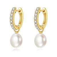 wholesale 10K Gold 10K Gold Yellow Pearl Drop Hoop Earrings with Cubic Zirconia for Women - Christmas Gift Ideas-Golden