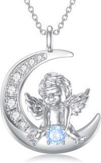 wholesale 925 Sterling Silver Guardian Angel on Crescent Moon Pendant Necklace Gift for Wife/Mom/Birthday/Christmas-Angel Wings