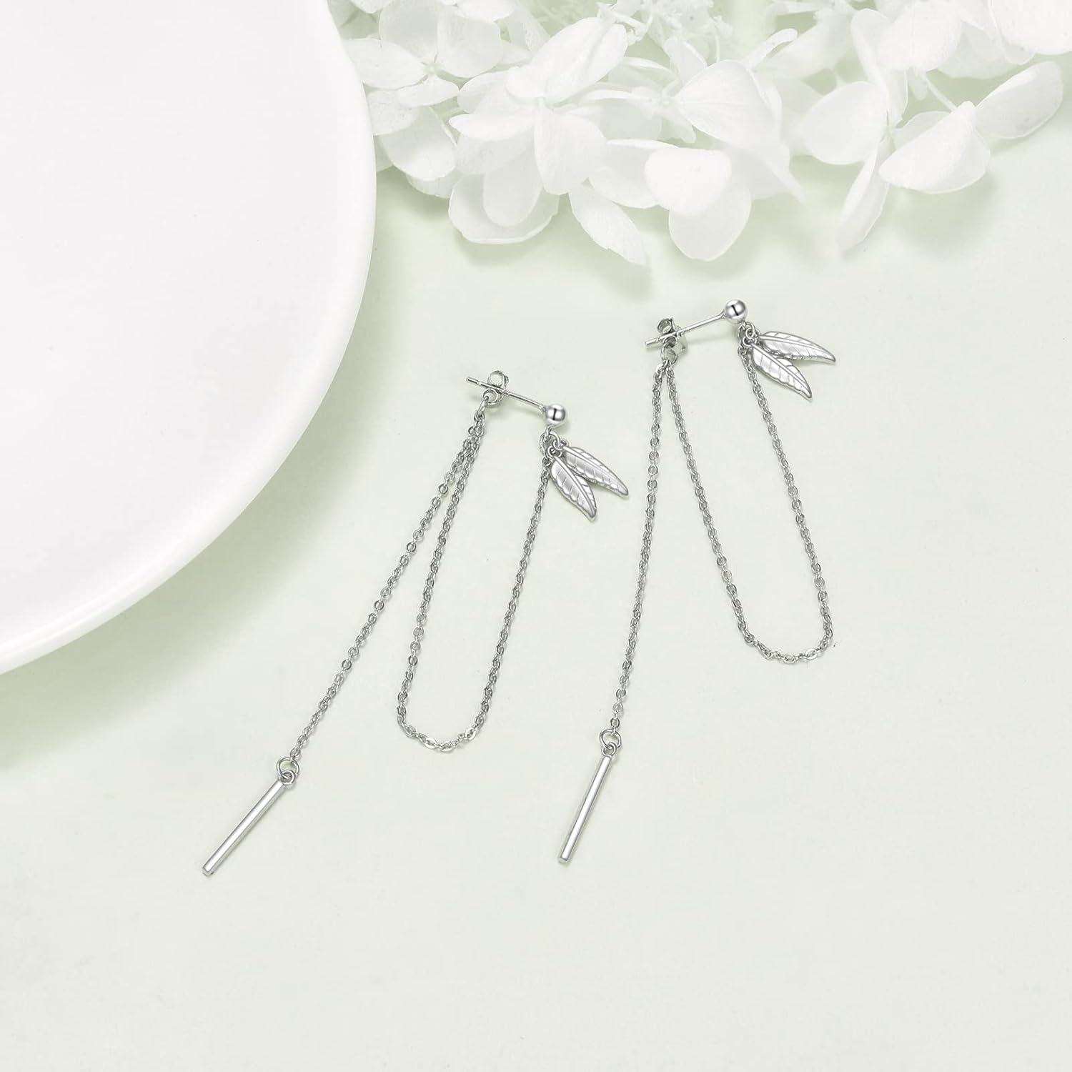925 Sterling Silver Leaf Drop Threader Earring with Chains - Elegant Holiday Accessory for Women-0-2
