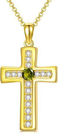 wholesale 925 Sterling Silver Gold Plated Cubic Zirconia Birthstone Cross Necklace-H.Green-August-Peridot