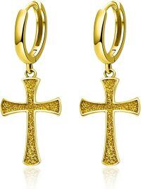 wholesale Gold 925 Sterling Silver Black Gold Plated Cross Huggie Hoop Earrings for Men & Women-Cross Earrings-Gold
