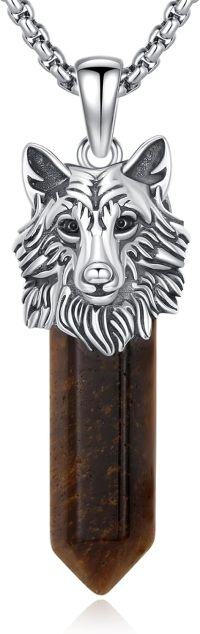 wholesale 925 Sterling Silver Brown Tigers Eye Stone Wolf Head Pendant Necklaces for Men & Women-D-Wolf