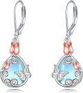 wholesale 925 Sterling Silver Butterfly & Flower Drop Earrings w/Moonstone and Rose Gold Accents-0-0