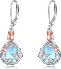 wholesale 925 Sterling Silver Butterfly & Flower Drop Earrings w/Moonstone and Rose Gold Accents-01-Moonstone Butterfly Earrings