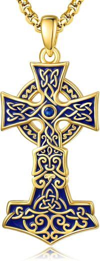 wholesale 925 Sterling Silver Plated Gold  Blue Enamel Celtic Knot Thor's Hammer Mjolnir Viking Amulet Pendant Necklace  for Men Women-B-Celtic Cross with Mjolnir