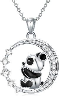 wholesale 925 Sterling Silver 925 Cute Panda Moon CZ Pendant Necklace Gift for Her-02-Panda