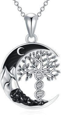 wholesale 925 Sterling Silver Tree of Life DNA Black Crystal Moonstone Crescent Pendant Necklace for Women Wife Girlfriend-DNA Tree