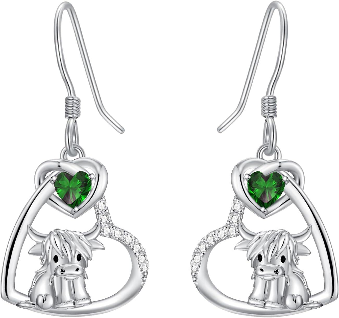 Sterling Silver Birthstone Highland Cow Dangle Earrings Scotland Western Gift-05-May-Emerald