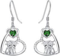 wholesale 925 Sterling Silver Birthstone Highland Cow Dangle Earrings Scotland Western Gift-05-May-Emerald