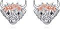 wholesale 925 Sterling Silver Highland Cow Head with Flowers Stud Earrings Hypoallergenic for Sensitive Ears-0-0