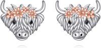 wholesale 925 Sterling Silver Highland Cow Head with Flowers Stud Earrings Hypoallergenic for Sensitive Ears-Highland Cow Earrings