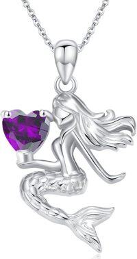wholesale Sterling Silver Birthstone Mermaid Heart Pendant Necklace for Women-February
