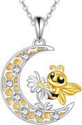 wholesale 925 Sterling Silver Bee and Daisy on Crescent Moon Pendant Necklace-0-0