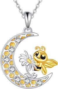 wholesale 925 Sterling Silver Bee and Daisy on Crescent Moon Pendant Necklace-Bee