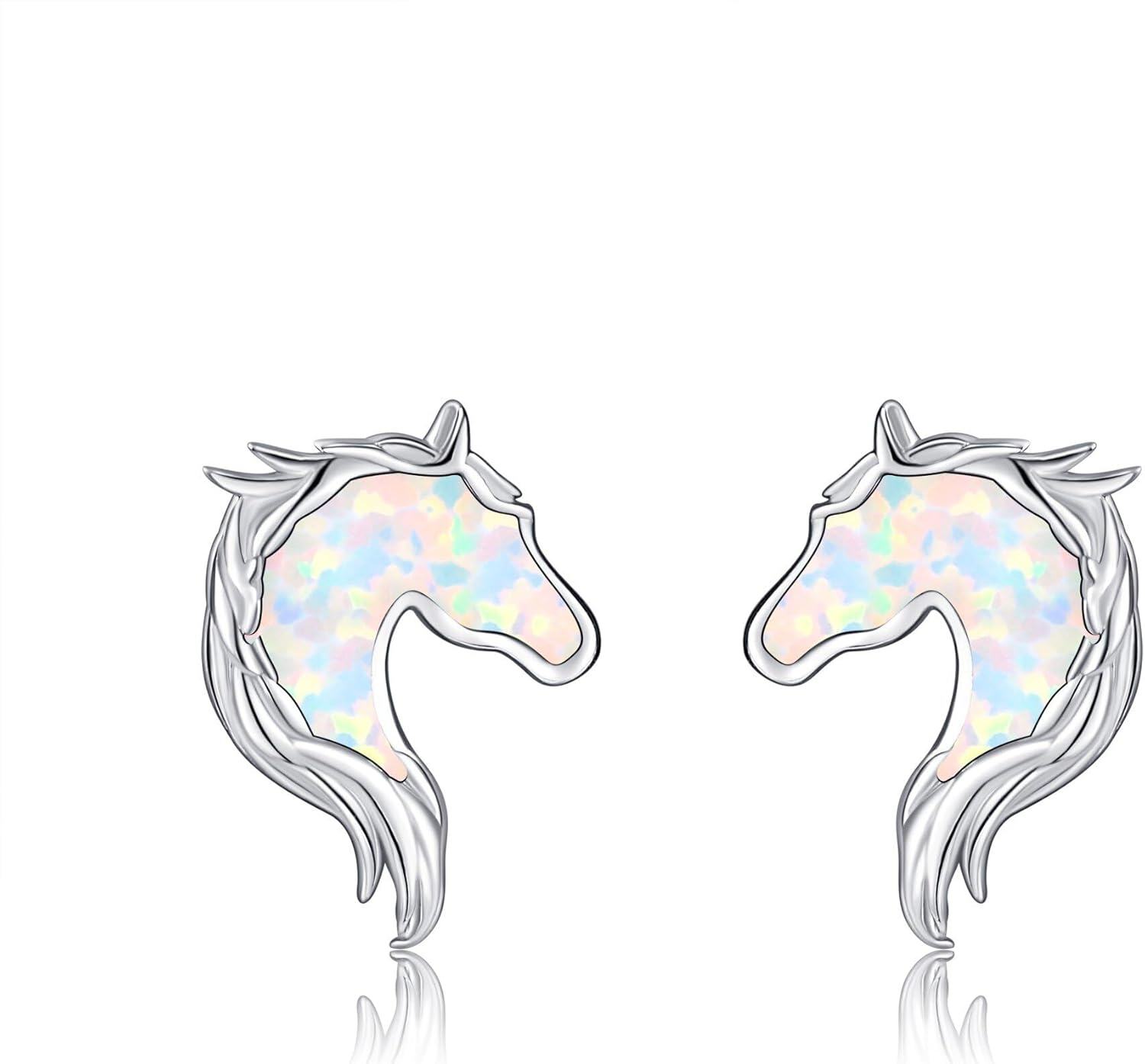 Sterling Silver Animal Earrings Horse Bee Llama Owl Jellyfish Parrot Bunny Duck Penguin Flamingo Paw Print Panda Dolphin Hummingbird for Mom-Opal Horse-Opal Horse