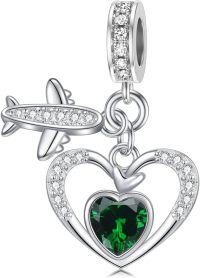 wholesale 925 Sterling Silver Birthstone Heart Charm with Airplane Charms for Anklets Women Mom Lover-05-May-Green