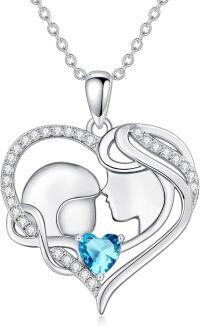 wholesale 925 Sterling Silver Birthstone Mother Love Heart Pendant Necklace-silver-3 Mar-Simulated Aquamarine