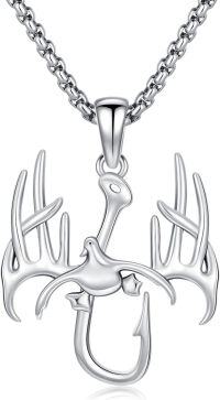 wholesale 925 Sterling Silver Deer Antlers & Duck Fishing Hook Mens Pendant Necklaces-01-Oxidized Fish Hook Necklace