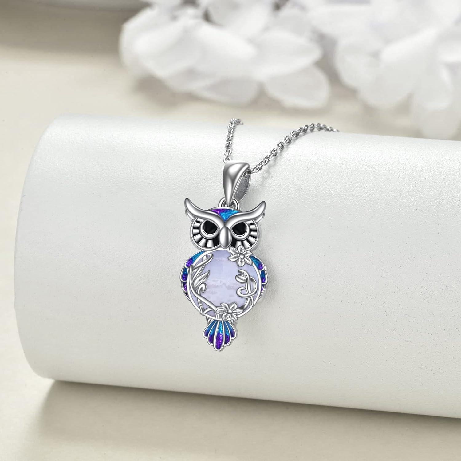 wholesale 925 Sterling Silver Purple Moonstone Filigree Owl Pendant Necklace for Women-0-2