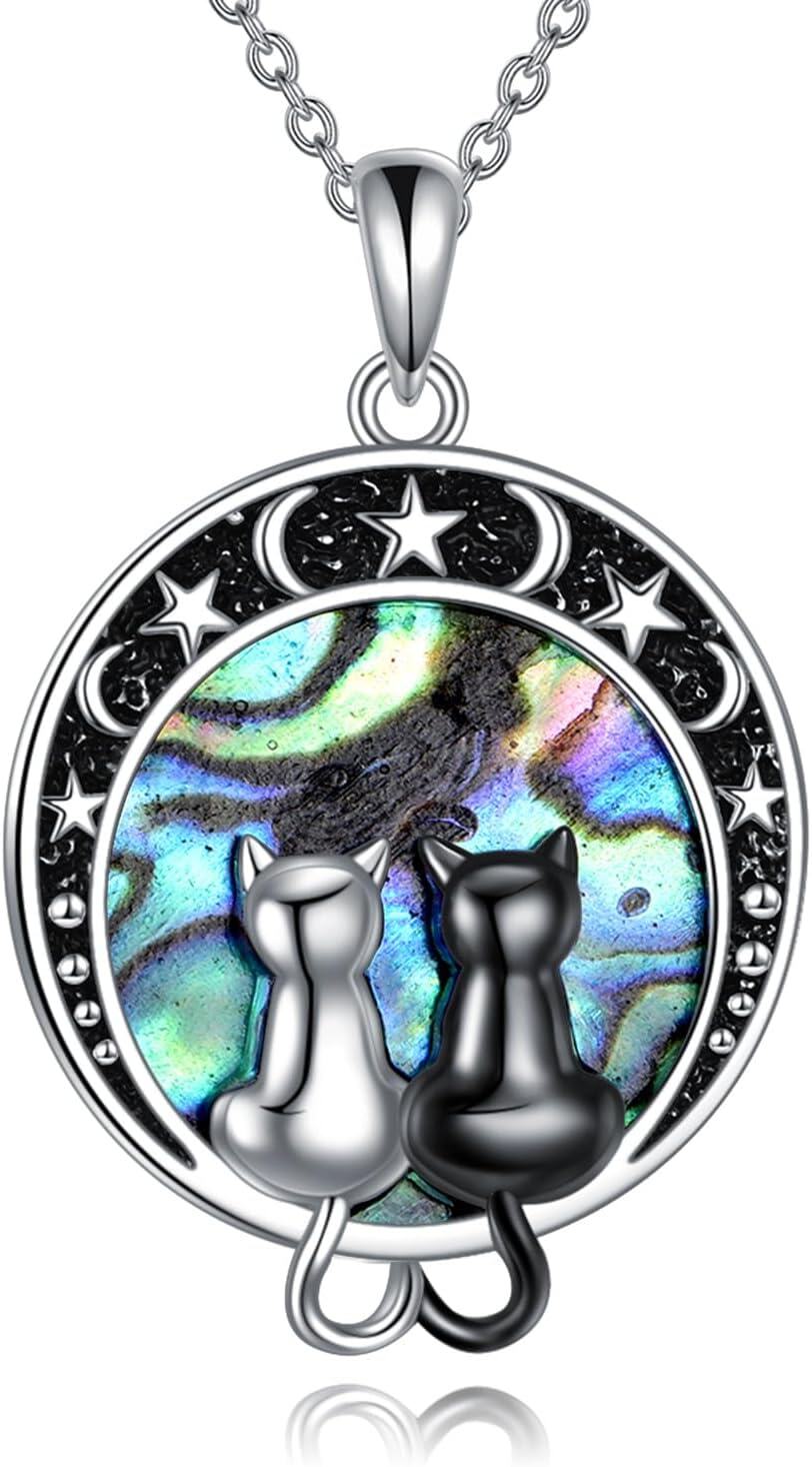 Sterling Silver Moon Star Necklace w Cat Wolf Fox Pendant Jewelry Gift-Double cat necklace
