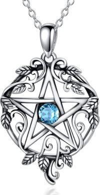 wholesale 925 Sterling Silver Pentagram Necklace with Birthstone Wiccan Tetragrammaton Gift for Women-03-Mar