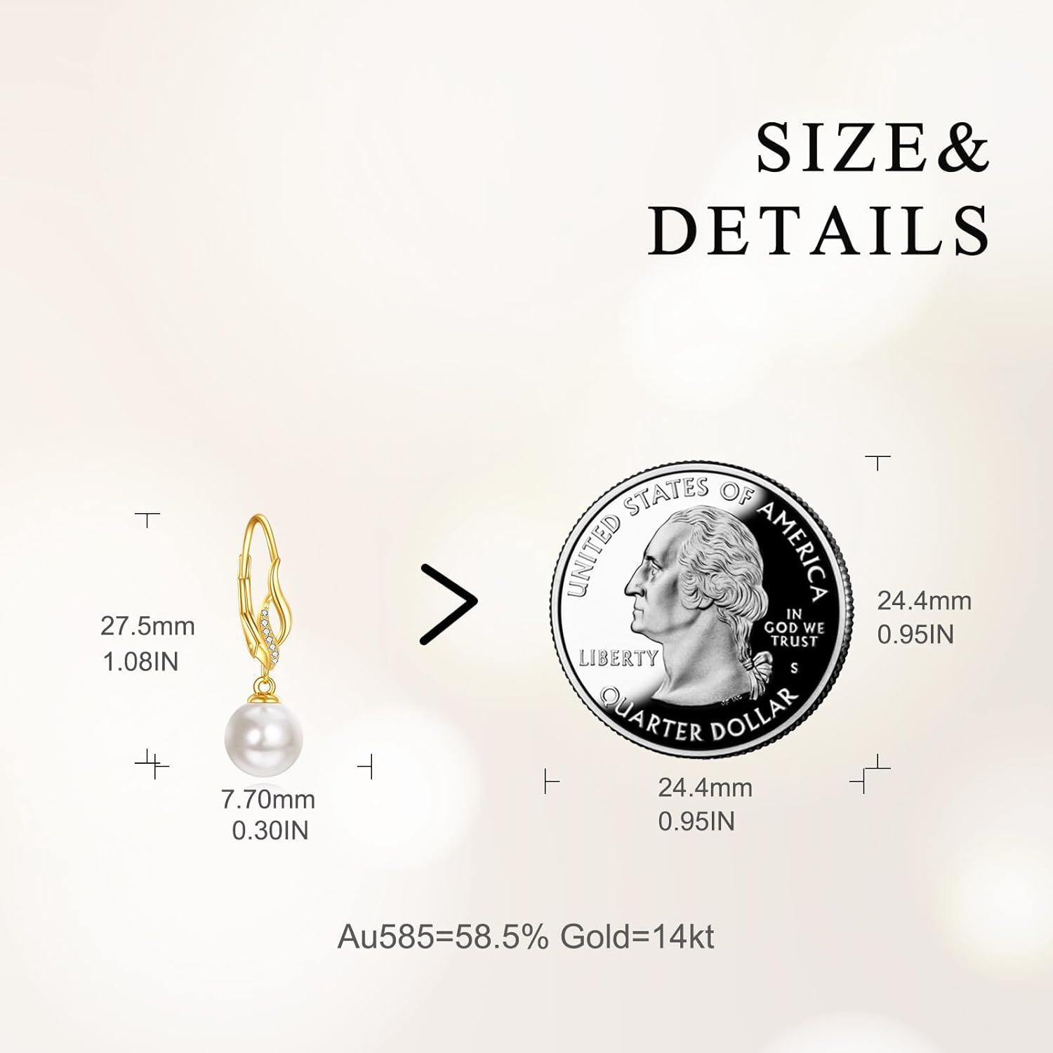 14K Gold Pearl Leverback Drop Earrings for Women Bridesmaid Gifts-0-3