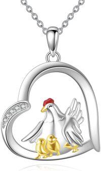 wholesale 925 Sterling Silver Heart-Shaped Chicken Family Pendant Necklace with Gold Plated Chicks-Chicken