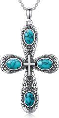 wholesale 925 Sterling Silver Natural Turquoise Stone Cross Pendant Necklace for Women-0-0